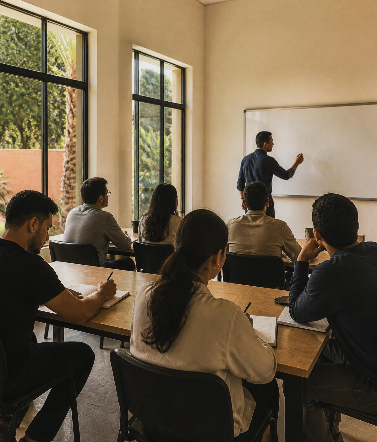 Coordinadora de una academia de idiomas registrando la inscripción de un nuevo alumno mientras se imparte una clase