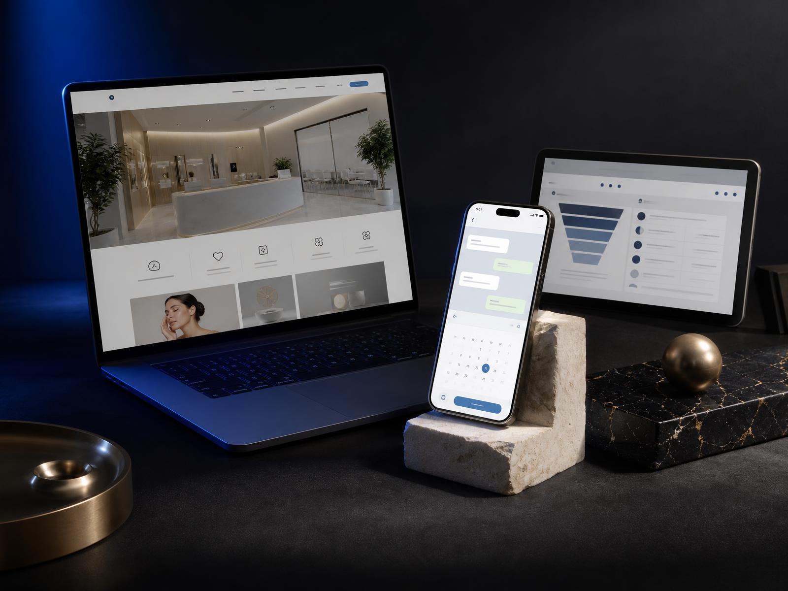 Composición con laptop, teléfono y tablet mostrando la página, la conversación y el panel de una clínica